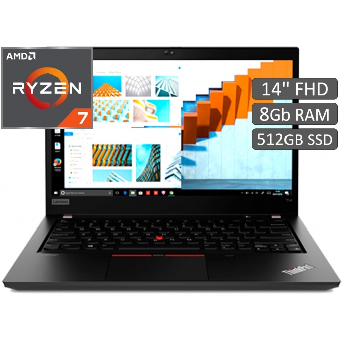 Laptop Lenovo ThinkPad T14 Gen1 AMD Ryzen 7 PRO 4750U 1.7/4.1 GHz, Memoria 8Gb RAM, Disco Solido 512Gb SSD, Pantalla 14pulgadas FHD IPS, 20UES5FV00 / LENOVO