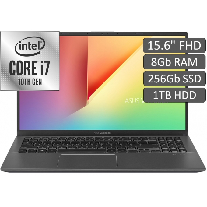 Laptop ASUS i7-1065g7, Memoria 8Gb RAM, Disco Solido 256Gb SSD, Disco 1Tb HDD, Pantalla 15.6pulgadas FHD, W10, Color Slate Grey, Teclado en Ingles / ASUS