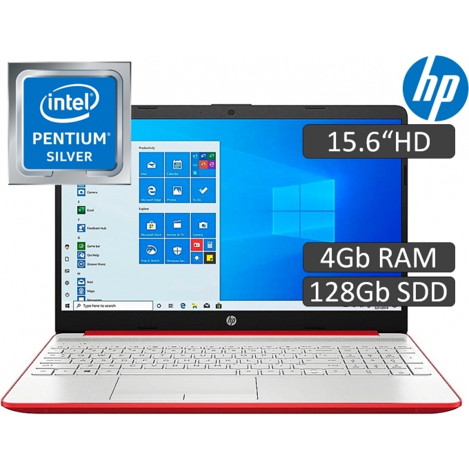 Laptop HP 15-DW0083WM, Pentium Silver N5000 1.1GHz, Memoria 4Gb RAM, Disco Solido 128Gb SSD, Pantalla 15.6pulgadas HD, W10 Home, Color Scarlet Red, Teclado en Ingles / HP