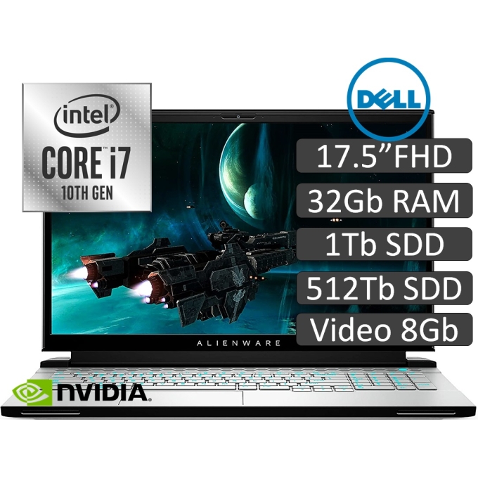 Laptop Dell Alienware M17 R3, Core i7-10875H 2.3GHz, Memoria 32Gb RAM , Disco 1Tb SSD RAID 0 + Solido 512Gb SSD, Video Nvidia 8Gb Pantalla  17.3pulgadas FHD 300Hz, Win10 Home, Gamer, Teclado en Ingles / DELL