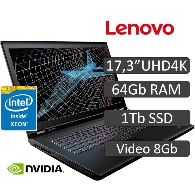 Laptop Workstation Lenovo ThinkPad P71, Icore Xeon 3.1GHz, Memoria 64Gb RAM, Disco Solido 1TB, Video 8GB Nvidia Quadro P4000, Pantalla LED 17.3pulgadas 4K Ultra-HD, Win10 Pro, Teclado en ingles / Lenovo