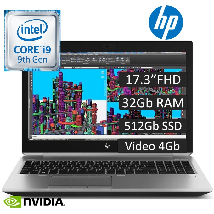 Laptop HP ZBook 17 G5 Mobile, Core i9-8950HK 2.9GHz, Memoria 32Gb RAM, Disco Solido 512Gb SSD PCIe, Video 4 GB Nvidia Quadro, Pantalla LED 17.3pulgadas Full HD, Win10 Pro, Teclado En Ingles / HP