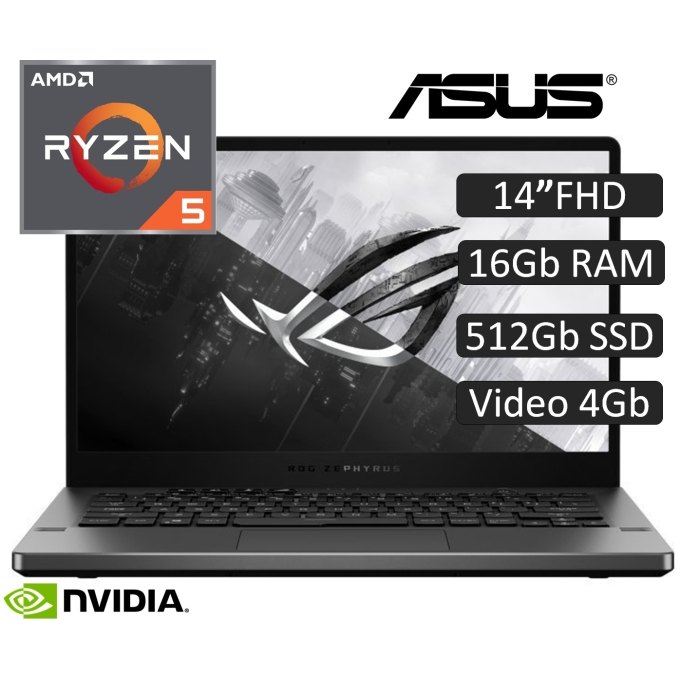 Laptop Asus ROG Zephyrus G14, AMD Ryzen 7, Memoria 16Gb RAM, Disco Solido 512Gb SSD, Video 4 GB Nvidia, Pantalla LED 14pulgadas Full HD, Win10 Home, Teclado en Ingles / ASUS