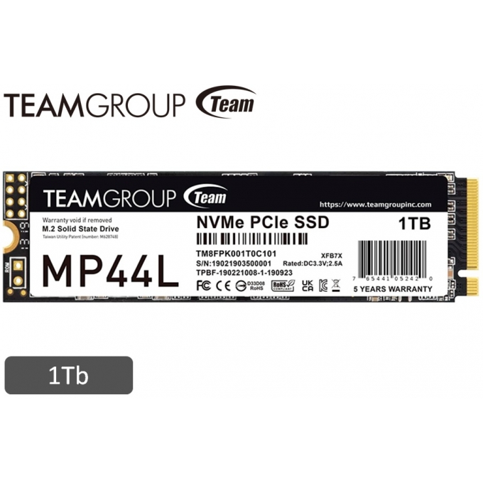 Disco Duro Solido TEAMGROUP MP44L 1TB, M.2, PCI-E 4.0 x4 con NVMe 1.4 interno / TEAMGROUP