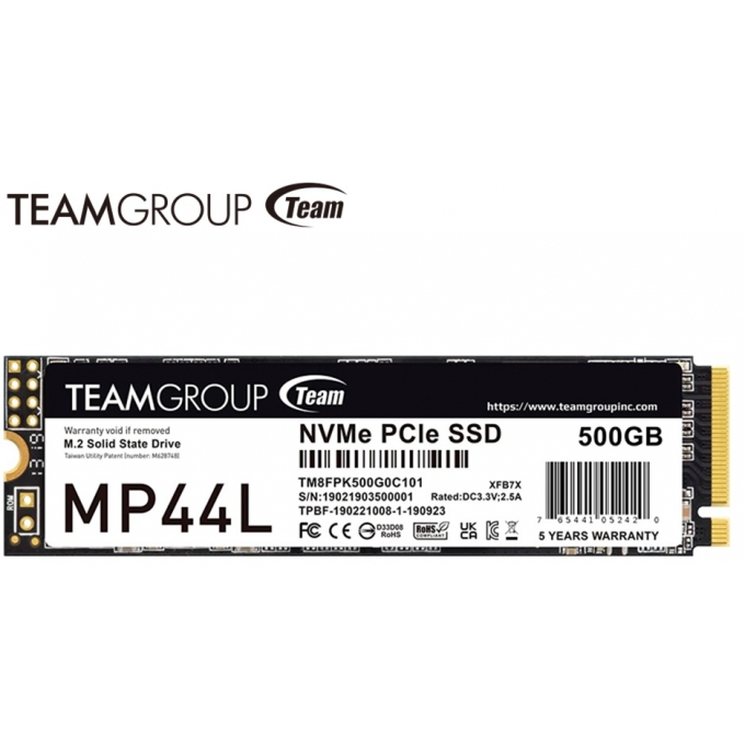 Disco Duro Solido TEAMGROUP MP44L 500GB, M.2, PCI-E 4.0 x4 con NVMe 1.4 interno / TEAMGROUP