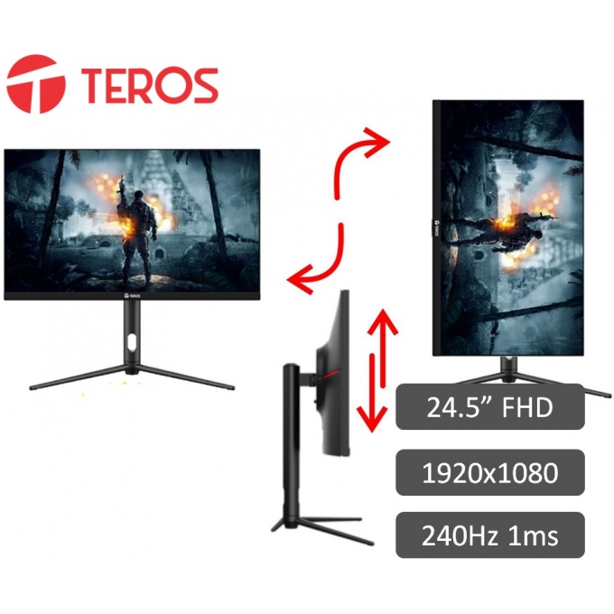 Monitor Gaming Teros TE-2410G 24.5pulgadas, VA, 240Hz, 1920x1080, Full HD, HDMI / DP, PLANO 1ms / TEROS