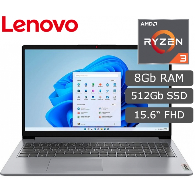 Laptop Lenovo IdeaPad1 15AMN7, AMD Ryzen3 7320U 2.4/4.1GHz, Memoria RAM 8Gb, Disco Solido 512Gb, Pantalla 15.6pulgadas FHD TN / LENOVO