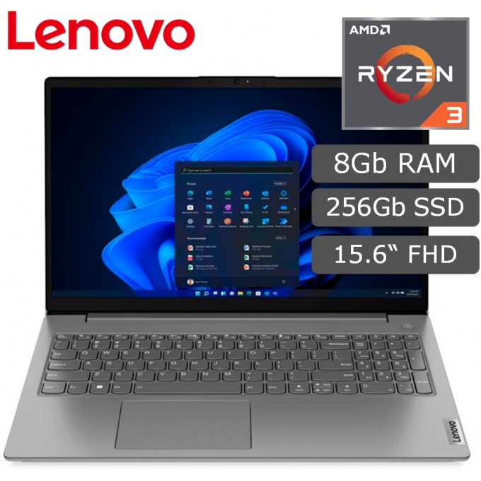 Laptop Lenovo V15 G4 AMN, AMD Ryzen3 7320U 2.4/4.1GHz, Memoria RAM 8Gb, Disco Solido 256 Gb, Pantalla 15.6pulgadas FHD TN, LPDDR5-4800MHz / LENOVO