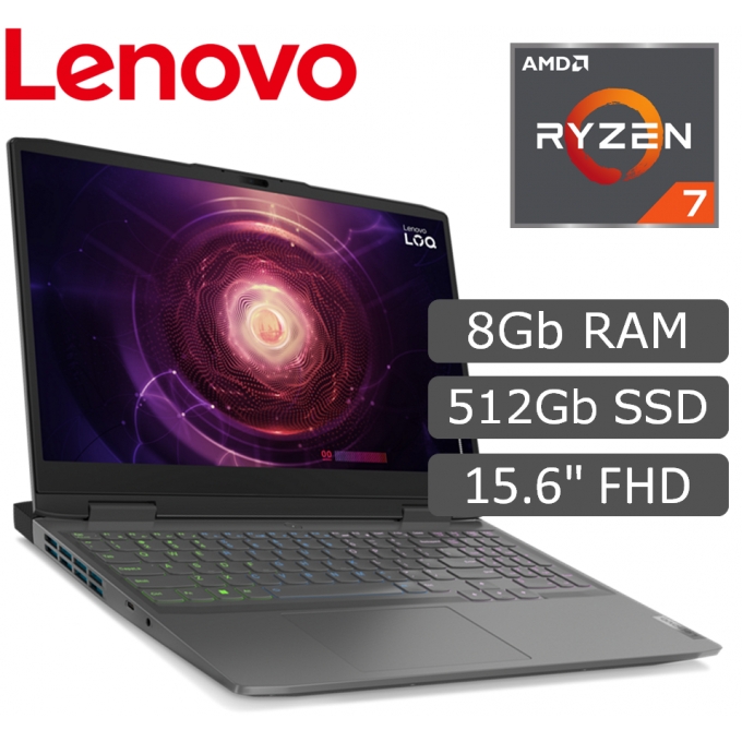 Laptop Lenovo LOQ 15APH8, AMD Ryzen7 7840HS 3.8/5.1GHz, Memoria RAM 16Gb, Disco Solido 512Gb, Pantalla 15.6pulgadas FHD IPS, Gamer / LENOVO