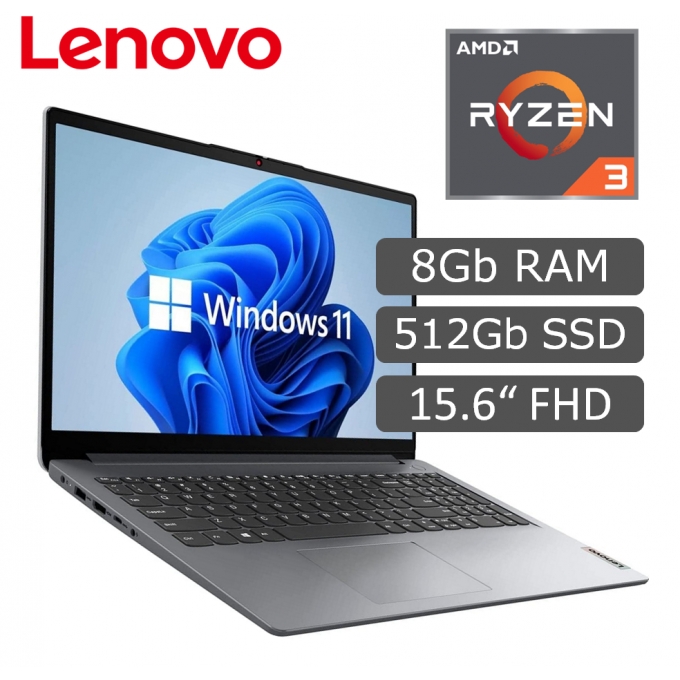 Laptop Lenovo IdeaPad 1 15AMN7, AMD Ryzen3 7320U 2.4/4.1GHz, Memoria RAM 8GB, Disco Solido 512 Gb, Pantalla 15.6pulgadas FHD TN / LENOVO