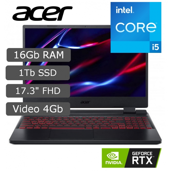 Laptop Gamer Acer Nitro 5 An517-55-57Wa I5-12500H, Memoria RAM 16Gb, disco Solido 1Tb, T. Video Rtx 3050 4Gb, Pantalla 17.3 Fhd 144Hz Windows 11 Home / ACER