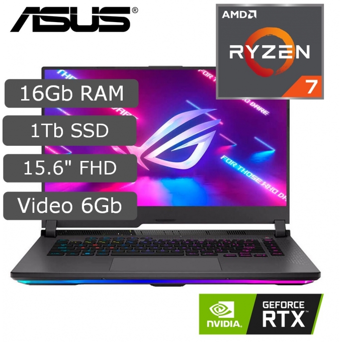 Laptop Gamer Asus Rog G513RM DS71-CA Ryzen 7-6800H, Memoria RAM 16Gb Ddr5, disco Solido 1Tb, Tarjeta de video Video Rtx 3060 6Gb, Pantalla 15.6 FHD, 300Hz Windows 11 / ASUS