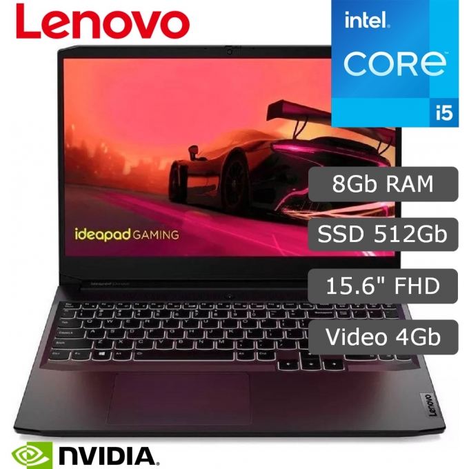 Laptop Lenovo IdeaPad Gaming 3, i5-12450H 2.0/4.4GHz, Memoria 8Gb DDR4-3200MHz, Disco 512Gb SSD M.2, Pantalla 15.6pulgadas FHD IPS, Video NVIDIA GeForce RTX 3050 4Gb, Gamer / LENOVO
