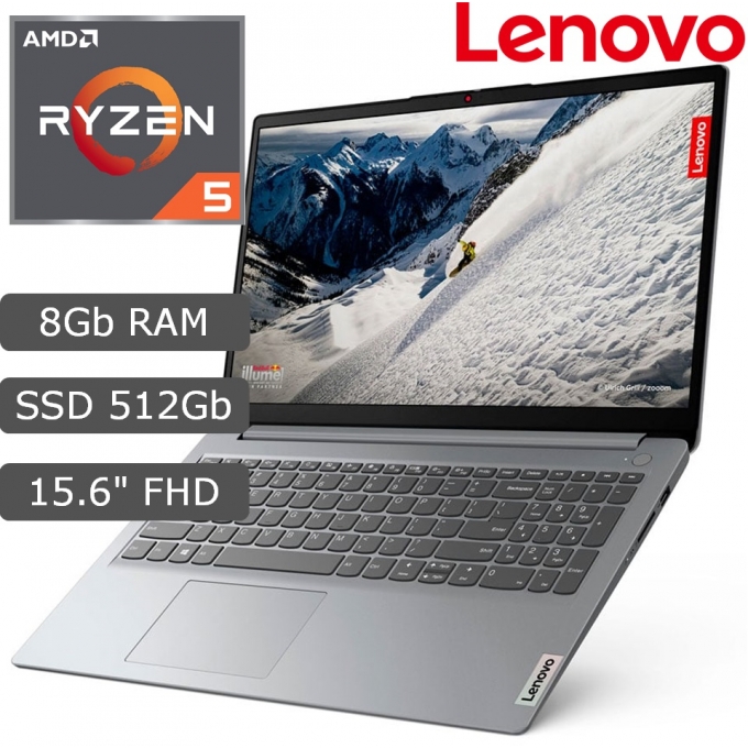 Laptop Lenovo IdeaPad 1, AMD Ryzen 5 7520U 2.8/4.3GHz, Memoria RAM 8Gb LPDDR5-5500, Disco Solido 512Gb SSD M.2, Pantalla 15.6pulgadas FHD IPS, Windows 11 Home / Lenovo