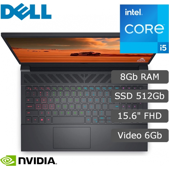 Laptop Dell G15 5530, Core i5-13450HX 4.6GHz, Memoria RAM 8Gb DDR5-4800MHz, Disco Solido 512Gb SSD M.2, Pantalla 15.6pulgadas FHD WVA LED, Video GEFORCE RTX 3060 6Gb, Windows 11 Home / Dell