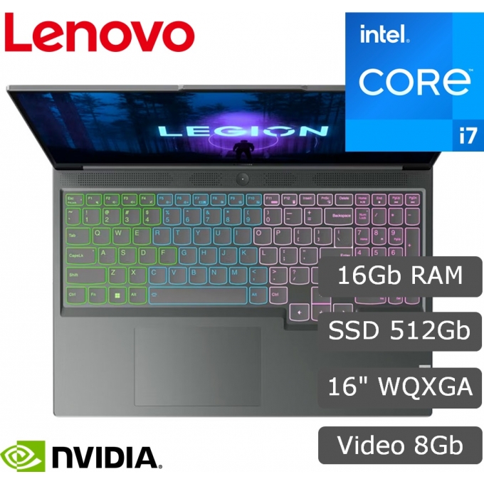 Laptop Lenovo Slim 5 16IRH8, Intel i7-13700H 2.4/5.0GHz, Memoria RAM 16Gb DDR5-5200, Disco Solido 512Gb SSD M.2, Video NVIDIA RTX 4060 8Gb, Pantalla 16pulgadas WQXGA IPS, Windows 11 Home SL, Gamer / Lenovo