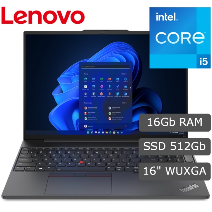 Laptop Lenovo ThinkPad E16 Gen 1, Core I5-1335U 1.3/4.6GHz, Memoria RAM 16Gb DDR4-3200, Disco Solido 512Gb SSD M.2 2242 PCIe 4.0x4 NVMe, Pantalla 16pulgadas WUXGA IPS, Win11 Pro / LENOVO
