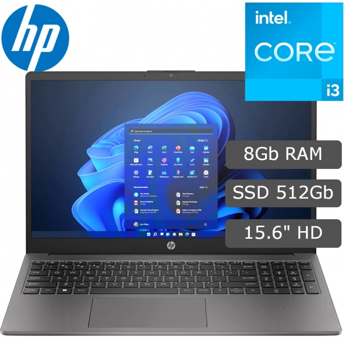 Laptop HP 250 G10, Core i3-1315U 1.20/4.50GHz, Memoria RAM 8Gb DDR4-3200MHz, Disco Solido 512Gb SSD M.2 PCIe NVMe, Pantalla 15.6pulgadas LCD LED HD, Sin Sistema Operativo / HP