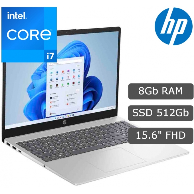 Laptop HP 15-fd0008la, Core i7-1355U 5.0GHz, Memoria RAM 8Gb DDR4-3200MHz, Disco Solido 512Gb SSD M.2 PCIe NVMe, Pantalla 15.6pulgadas FHD, Win11 Home SL / HP