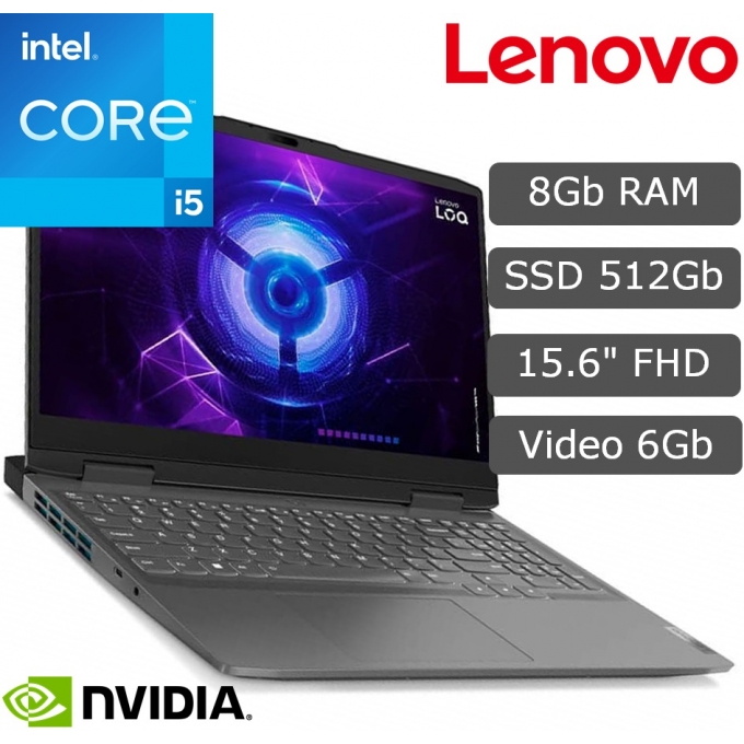 Laptop Lenovo LOQ 15IRH8, Core i5-12450H 2.0/4.4GHz, Memoria RAM 8Gb DDR5-4800MHz, Disco Solido 512Gb SSD M.2 PCIe NVMe, Video NVIDIA GeForce RTX 3050 6GB GDDR6, Pantalla 15.6pulgadas FHD IPS, Gamer / LENOVO
