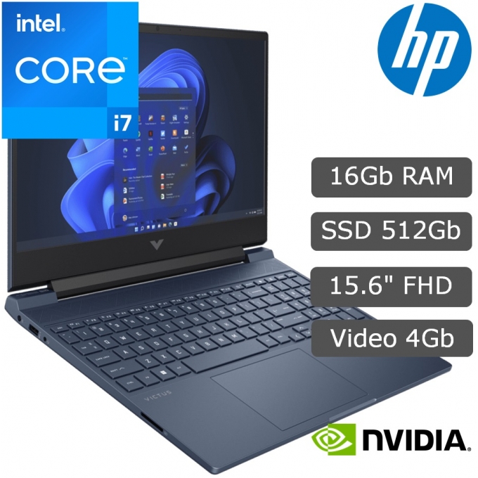 Laptop HP Victus 15-fa0007la, Core i7-12650H 4.7GHz, Memoria RAM 16Gb DDR4-3200, Disco Solido 512Gb SSD M.2 PCIe Gen 4 NVMe, Video NVIDIA GeForce RTX 3050 4GB GDDR6, Pantalla 15.6pulgadas FHD IPS, Win11 Home SL, Gamer / HP
