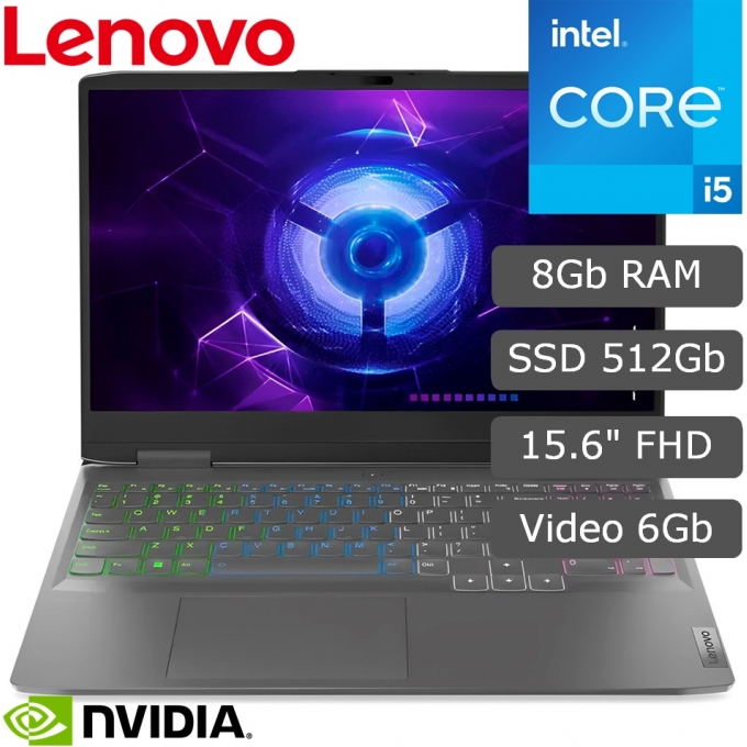 Laptop Lenovo LOQ 15IRH8, Core i5-12450H 2.0/4.4GHz, Memoria RAM 8Gb DDR5-4800, Disco Solido 512Gb SSD M.2 PCIe NVMe, Video NVIDIA GeForce RTX 3050 6Gb GDDR6, Pantalla 15.6pulgadas FHD IPS, Gamer / LENOVO