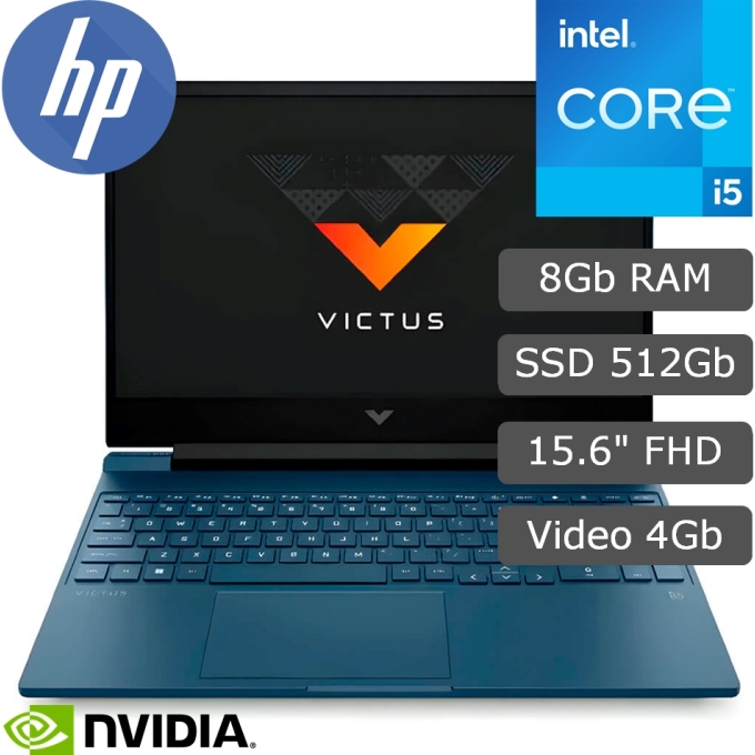 Laptop HP Victus Gaming 15-fa0000la, Core i5-12450H 4.4GHz, Memoria RAM 8Gb DDR4, Disco Solido 512Gb SSD M.2 PCIe Gen4 NVMe, Video NVIDIA GeForce RTX 3050 4GB GDDR6, Pantalla 15.6pulgadas FHD IPS, Gamer / HP