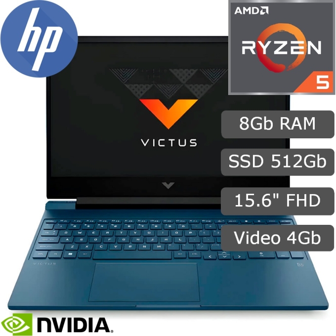 Laptop HP Victus Gaming 15-fb0135la, Ryzen 5 5600H 3.3/4.2GHz, Memoria RAM 8Gb DDR4-3200, Disco Solido 512Gb SSD M.2 PCIe NVMe, Video NVIDIA GeForce RTX 3050 4GB GDDR6, Pantalla 15.6pulgadas FHD IPS, Gamer / HP