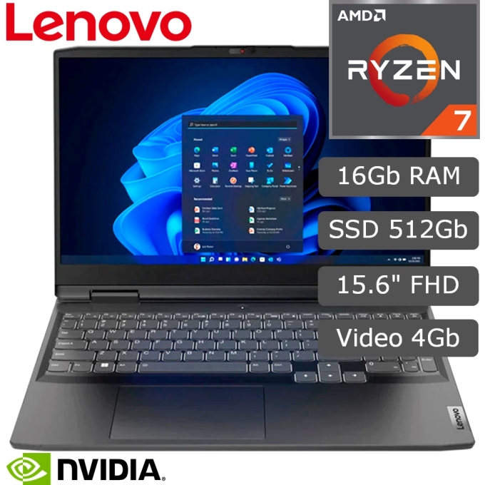 Laptop Lenovo IdeaPad Gaming 3, AMD Ryzen 7 6800H 3.2/4.7GHz, Memoria RAM 16Gb DDR5-4800, Disco Solido 512Gb SSD M.2 2280 PCIe 3.0x4 NVMe, Video NVIDIA GeForce RTX 3050 4GB GDDR6, Pantalla 15.6pulgadas FHD IPS, Gamer / Lenovo