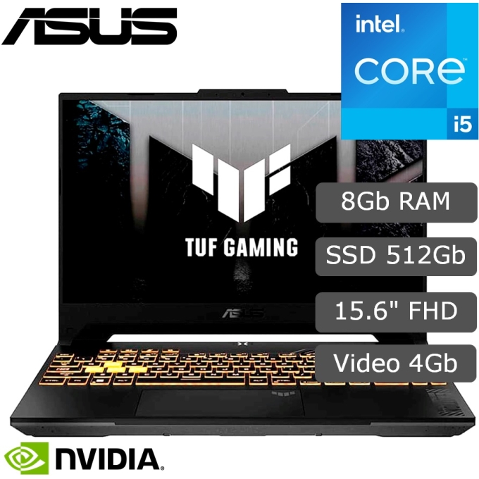 Laptop ASUS FX507ZC4-HN005 Core i5-12500H 2.5/4.5GHz, Memoria RAM 8Gb DDR4, Disco Solido 512Gb NVMe M.2 SSD, Video NVIDIA GeForce RTX 3050 4GB GDDR6, Pantalla 15.6pulgadas FHD IPS, Gamer / Asus