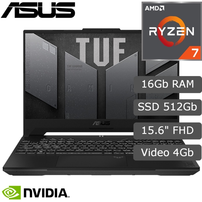 Laptop ASUS FA507NV-LP053, AMD Ryzen 7 7735HS 4.7GHz, Memoria RAM 16Gb DDR5, Disco Solido 512Gb NVMe M.2 SSD, Video NVIDIA GeForce RTX 4060 8GB GDDR6, Pantalla 15.6pulgadas FHD IPS, Gamer / Asus