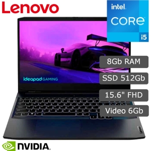 Laptop Lenovo IdeaPad Gaming 3, Core i5-12450H 2.0/4.4GHz, Memoria RAM 8Gb DDR4, Disco Solido 512Gb SSD M.2 2242 PCIe NVMe, Video NVIDIA GeForce RTX 3060 6Gb GDDR6, Pantalla 15.6 FHD IPS, Gamer