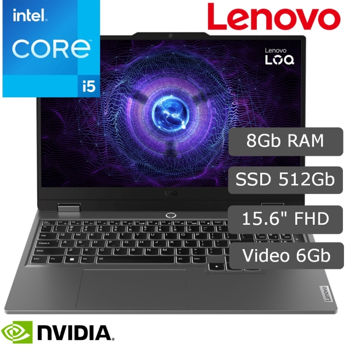 Laptop Lenovo LOQ 15IAX9, Core i5-12450HX 4.4GHz, Memoria RAM 8Gb DDR5, Disco Solido 512Gb SSD M.2 PCIe NVMe, Video NVIDIA GeForce RTX 3050 6Gb GDDR6, Pantalla 15.6pulgadas FHD IPS, Gamer / Lenovo
