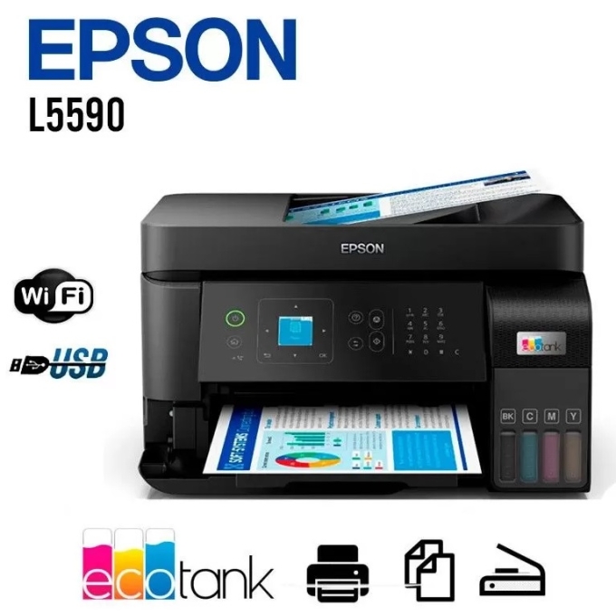 Impresora Multifuncional Epson EcoTank L5590, Imprime / Escanea / Copia / Fax / USB / LAN / WiFi Inalambrica / Epson