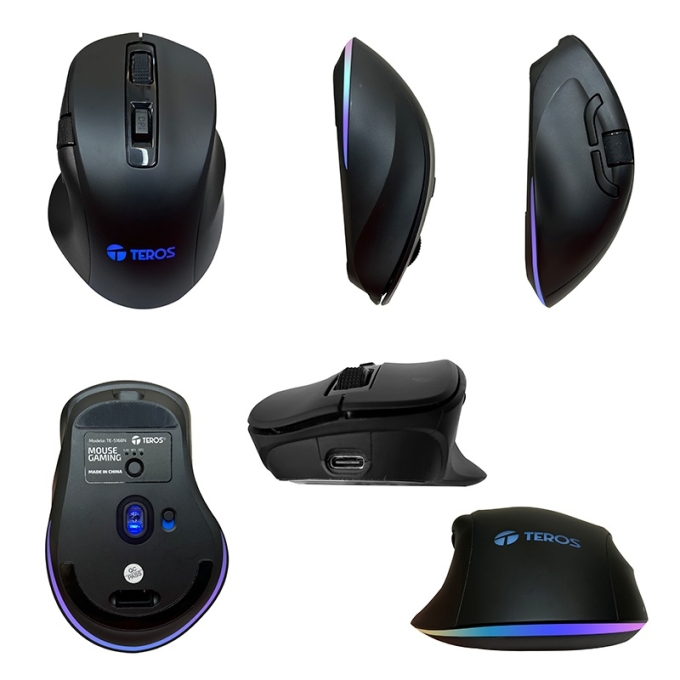 Mouse Teros TE-5168N, Optico, Triple Modo: 2.4G+Bluetooth+USB, 6400 DPI, RGB, Negro / Teros