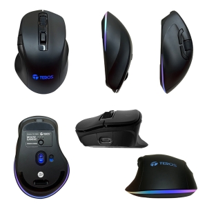 Mouse Teros TE-5168N, Optico, Triple Modo: 2.4G+Bluetooth+USB, 6400 DPI, RGB, Negro