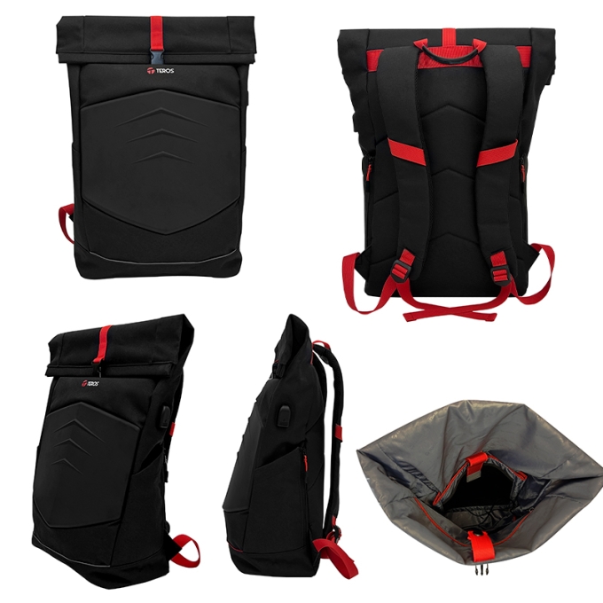 Mochila gamer Teros TE-IDS18588, Poliester, notebook hasta 15.6pulgadas, negro+rojo. / Teros