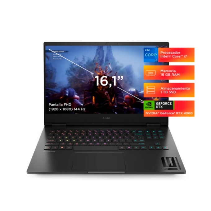 Laptop HP Omen Intel i7-13620H 16-WD0000LA, 16GB Memoria RAM, Disco Solido 1Tb SSD, Video GeForce RTX 4060, Pantalla 16.1pulgadas 827J9LA / HP