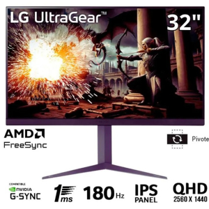 Monitor LG Gaming 31.5pulgadas UltraGear QHD 2560x1440 IPS 180Hz 1ms, HDMIx2, DPx1, Headphone-Out, Pivote, 32GS75Q Gamer / LG