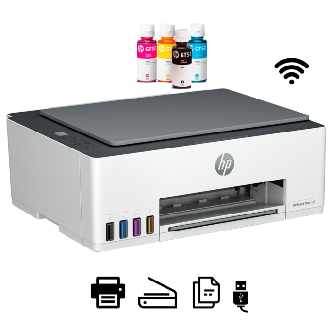 Impresora Inyeccion de Tinta Multifuncion HP 580 Inalambrico Smart Tank - Color - Copiadora/Impresora/Escaner - 4800 x 1200 dpi Impresion - Duplex impresion Manual - Hasta 3000 paginas al mes Wifi / HP