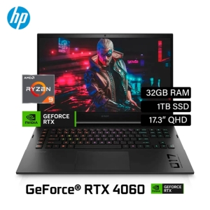 Laptop HP OMEN 17-db0009la, AMD Ryzen9 8945HS, Memoria RAM 32Gb, Disco Solido 1Tb SSD, Video NVIDIA GEFORCE RTX 4060, Pantalla 17.3pulgadas, Win11 Home A14RDLA#ABM Gamer / HP