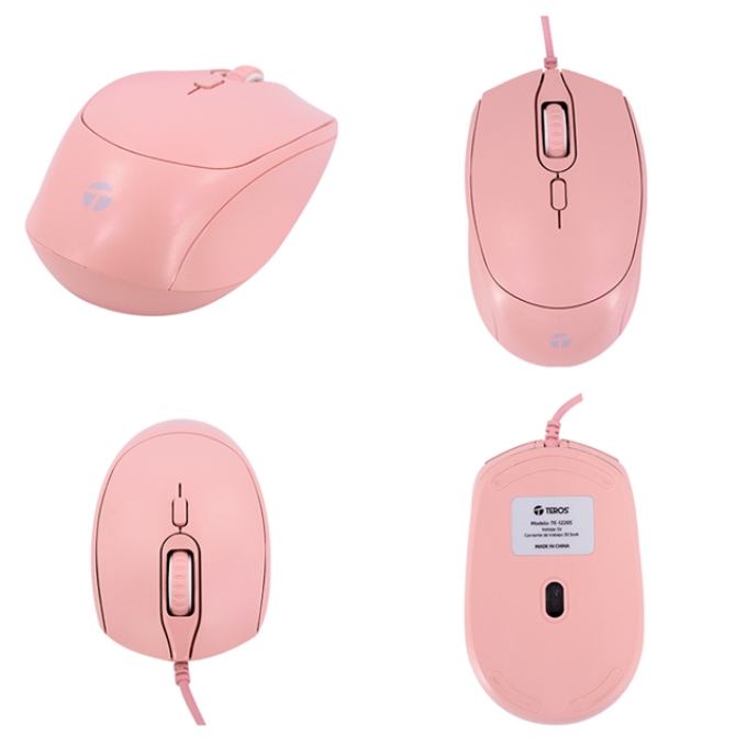 Mouse optico TEROS TE-1226S, 800-1200-1600 DPI, USB, 4 botones, color rosado / teros