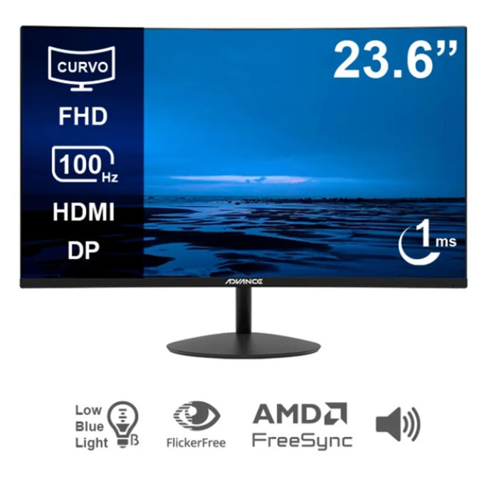 Monitor curvo ADVANCE ADV-2452S 23.6pulgadas FHD VA 100Hz 1ms HDMI VGA PARLANTES negro / ADVANCE