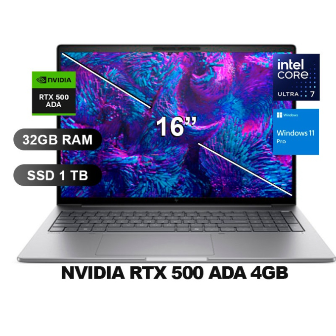 Laptop Workstation HP ZBOOK 8G1I Ultra7 255H, Memoria RAM 32Gb, Disco Solido 1Tb SSD, Video Nvidia RTX500 4Gb, Pantalla 16pulgadas WUXGA, Win11 Pro, BN4E7LT / HP