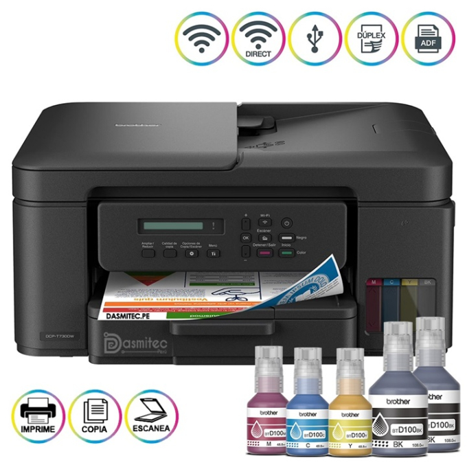Impresora Multifuncional Brother DCP-T730DW, 27ppm negro, 23ppm color, tinta, inalambrica Wi-Fi, Duplex / Brother