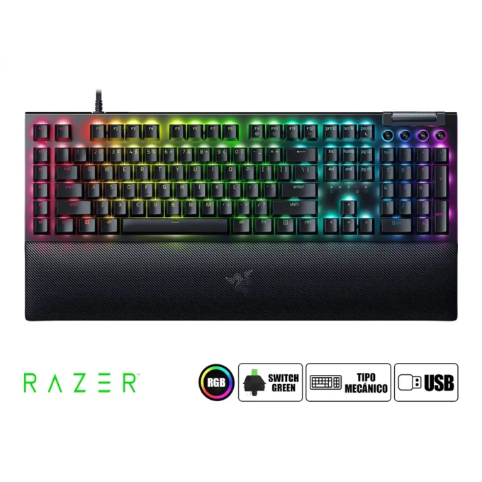 Teclado Razer BLACKWIDOW V4 MECHANICAL USB-C SWITCH GREEN HYPERPOLLING 8,000HZ US 2 ZONAS CHROMA BLACK (RZ03-04690200-R3U1) gamer / Razer