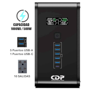 UPS CDP R-SMART 1010I 1000VA / 500W AUTONOMIA 30MIN, 10 SALIDAS, 5 PORT USB-A, 1 PORT USB-C BLACK (R-SMART1010I)