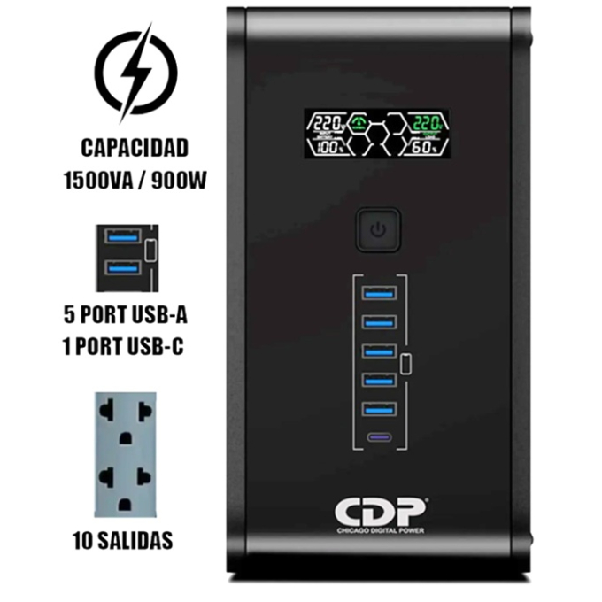UPS CDP R-SMART 1510I 1500VA / 900W / 10 SALIDAS / 5 PORT USB-A / 1 PORT USB-C BLACK (R-SMART1510I) / CDP