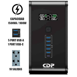 UPS CDP R-SMART 1510I 1500VA / 900W / 10 SALIDAS / 5 PORT USB-A / 1 PORT USB-C BLACK (R-SMART1510I) / CDP