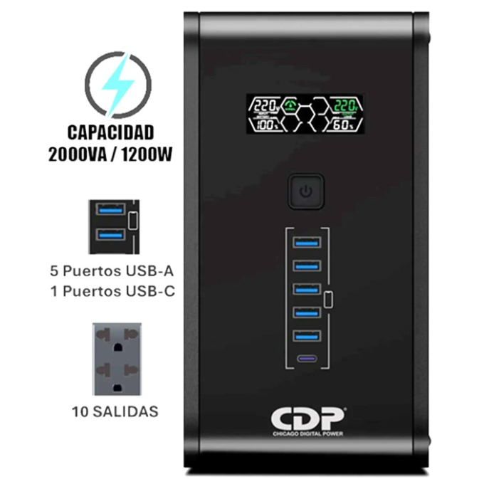 UPS CDP R-SMART 2010I 2000VA / 1200W / 10 SALIDAS / 5 PORT USB-A / 1 PORT USB-C BLACK (R-SMART2010I) / CDP